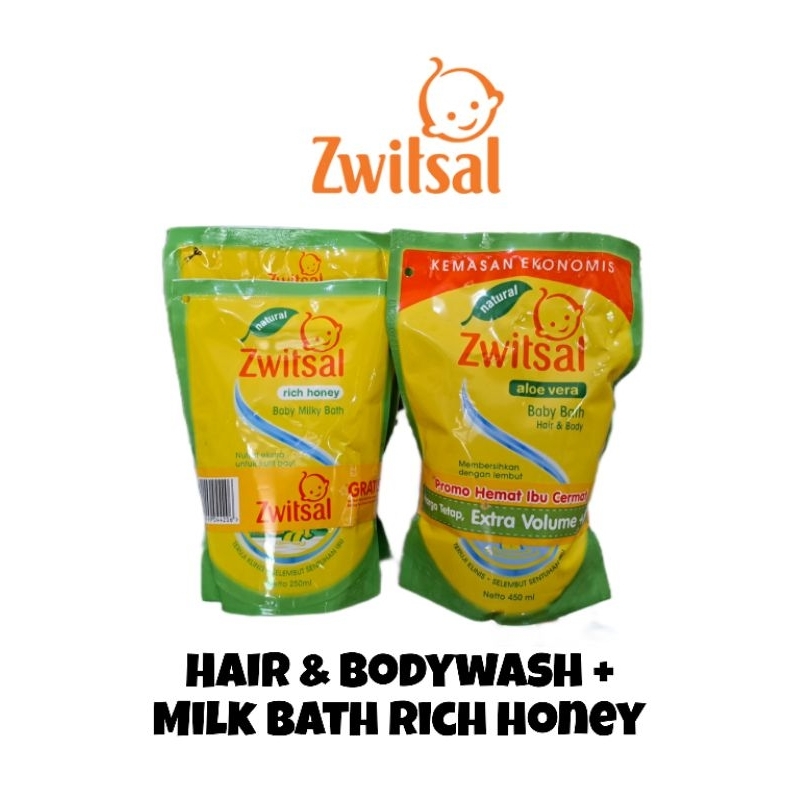 Zwitsal Hair &amp; Bodywash 450 ml + Milk Bath Rich Honey 250 ml (Bundling)