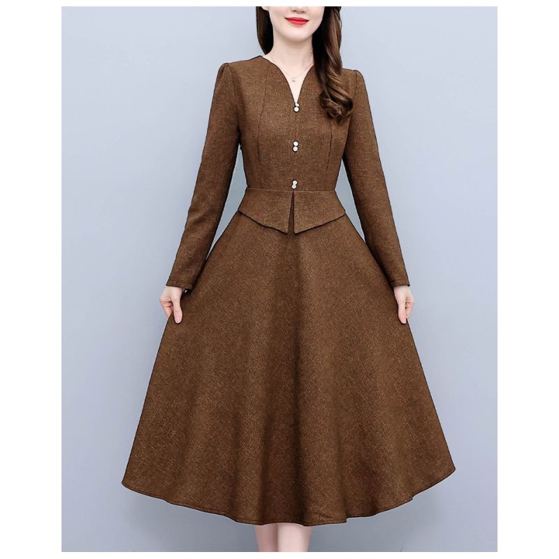 Dress wanita dark coklat  katun Korea lengan panjang elegant