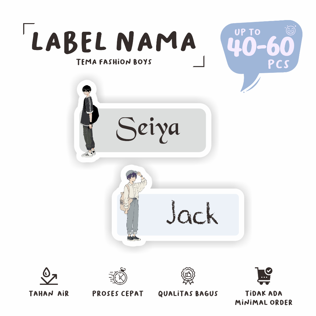 

(40 - 60 pcs)stiker nama tema FASHION BOY murah\stiker lucu/stiker cutting nama /murah/custom nama suka-suka/stiker anti air/cetak stiker murah