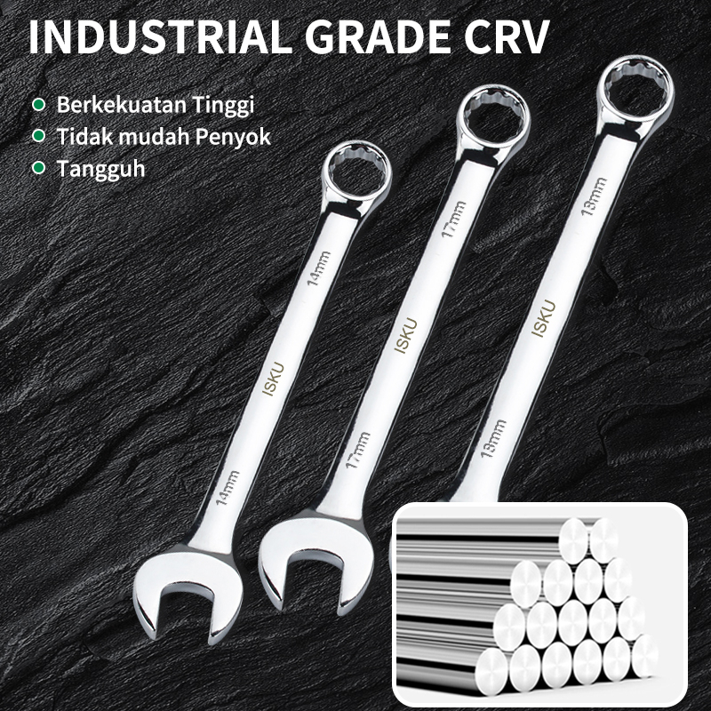 ISKU Kunci ring pas set 13pcs Combination Spanner Wrench Kombinasi Ring dan Pas 8/9/10/11/12/13/14/17/18/19/21/22/24 mm Multifungsi Bahan Kuat Anti Karat