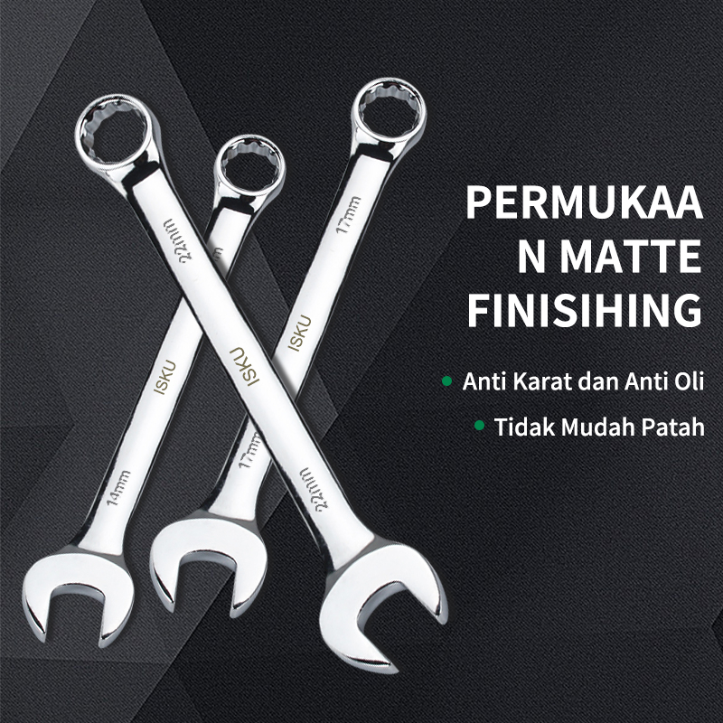 ISKU Kunci ring pas set 13pcs Combination Spanner Wrench Kombinasi Ring dan Pas 8/9/10/11/12/13/14/17/18/19/21/22/24 mm Multifungsi Bahan Kuat Anti Karat