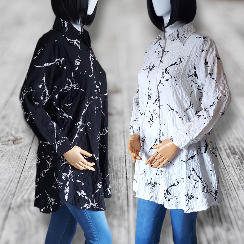 Clachella Baju Tunik Kemeja Crincle Motif Abstrak, Baju Atasan Wanita T95E8021