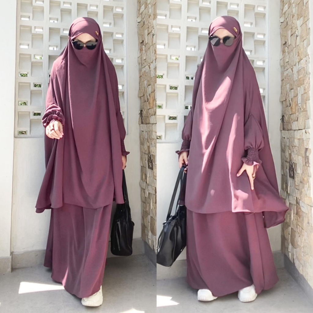 (FK+Rok) Inara one set crinkle airflow syari set frenchkhimar dan rok/Oneset Haji umroh