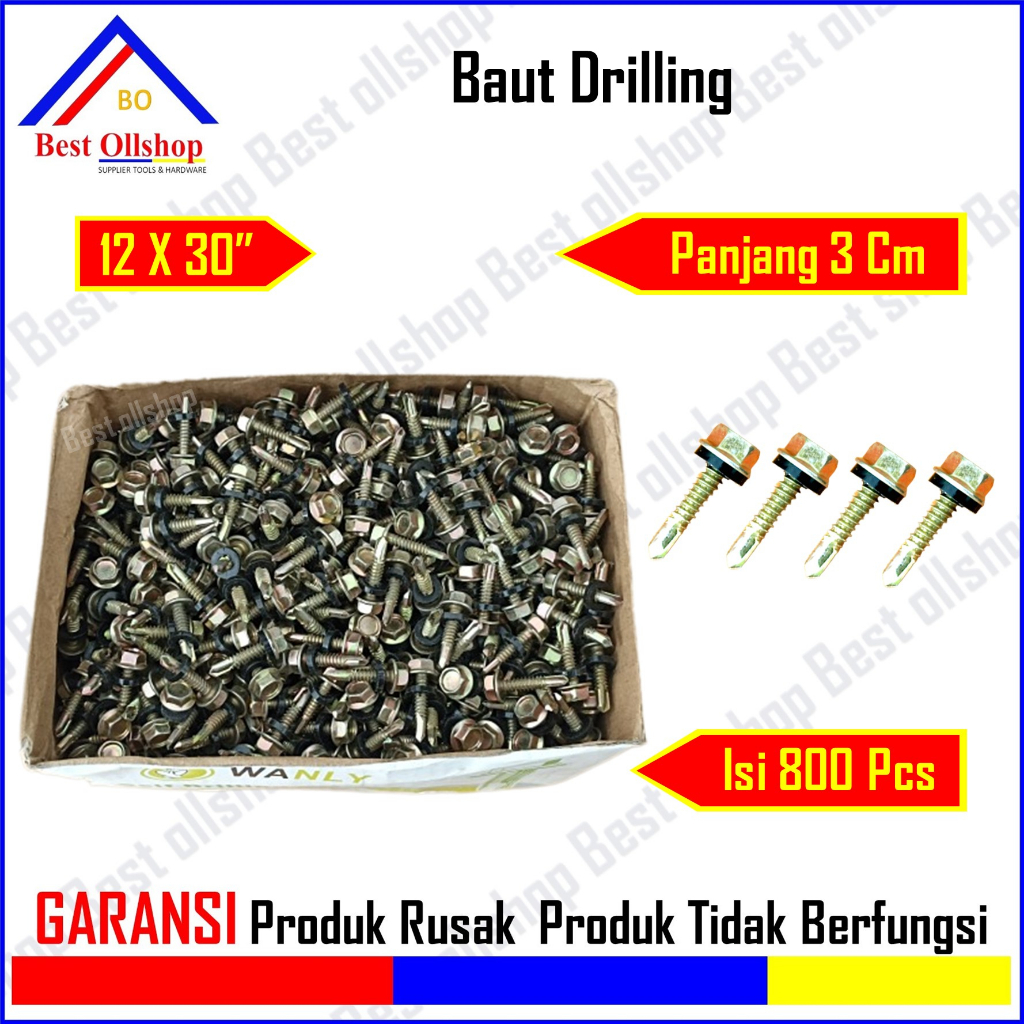 Baut Drilling Sekrup Roofing Baja Ringan 12 x 30 Panjang 3 Cm Harga 1 Box