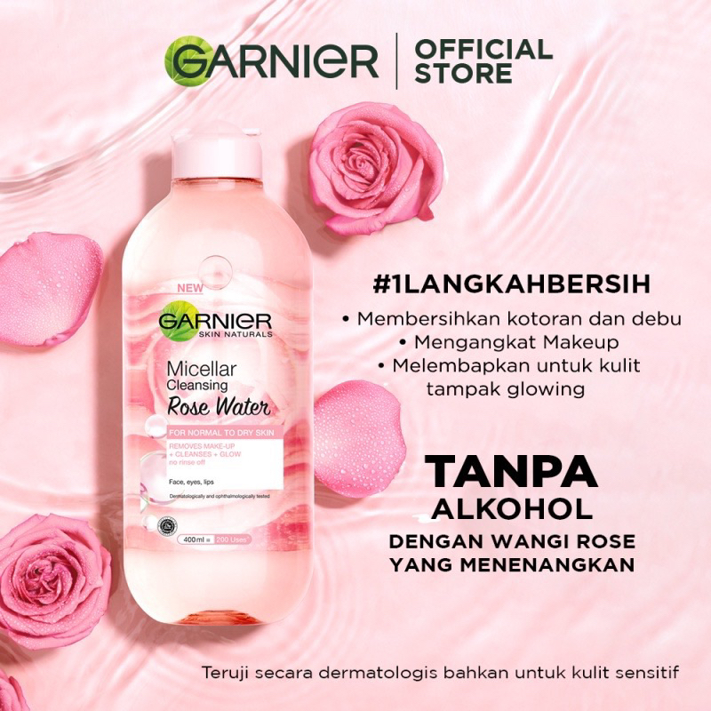 garnier micellar water 125 ml/100 ml rose pink biphase oil infused sensitive biru pink