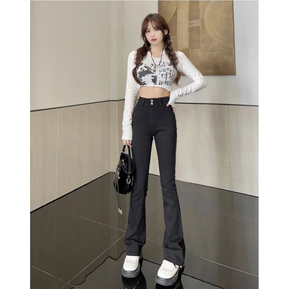 Celana Cutbray Jeans  Wanita Stretch Highwaist Import Hitam / Abu abu