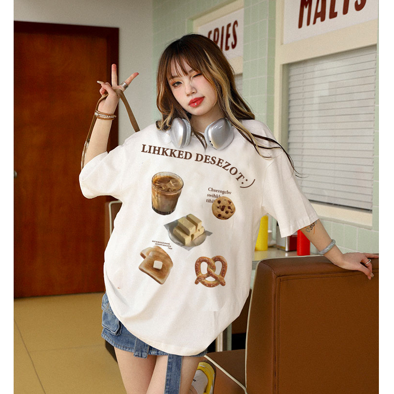 baju kaus oversize wanita lengan pendek korean style motif graffiti print T-shirt import kaos cream