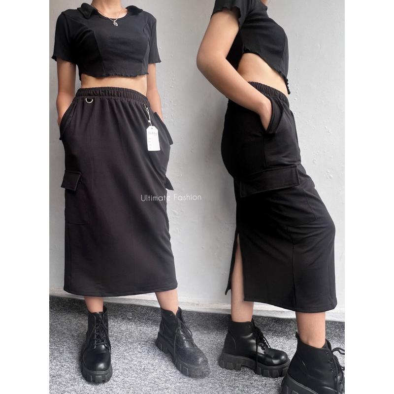 Alexa Cargo Skirt - Rok Midi Wanita Import - Cargo Pocket - Rok Kargo Korea