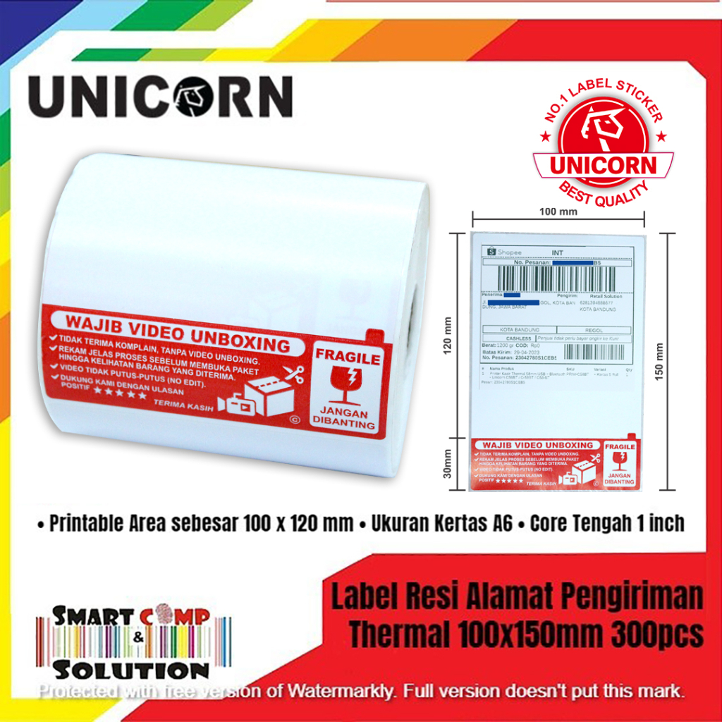 Label Thermal Resi Alamat AWB A6 100x150 Stiker Fragile Unboxing @300