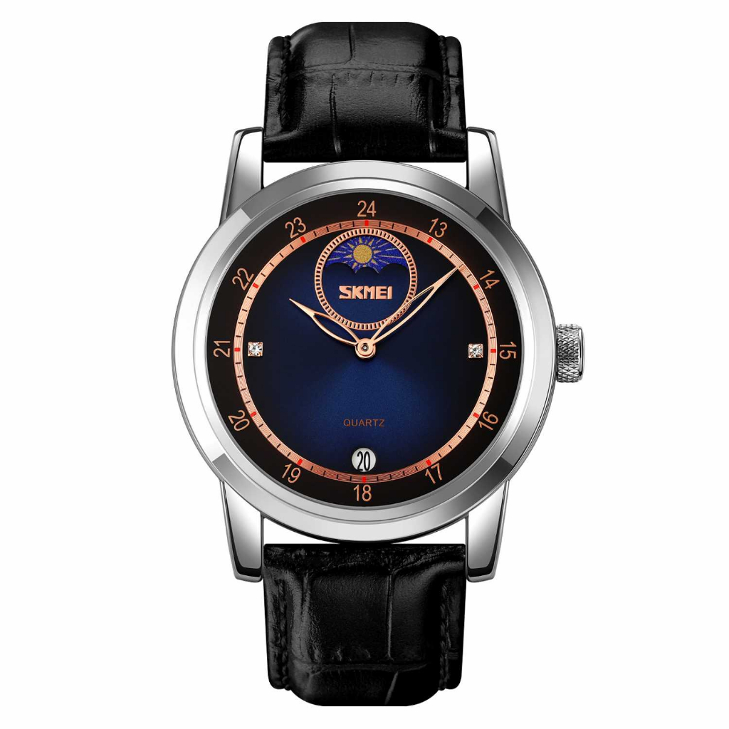 Jam Tangan Pria Analog Leather Strap Moon Phase Waterproof 30M Jamtangan Cowok Kekinian Desain Estetik Anti Air