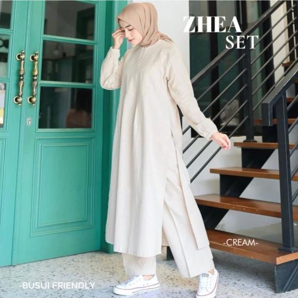 Zhea Set 2in1 ( Celana + Tunik ) Setelan Bahan Katun Linen Rami Kualitas Premium Terbaru 2023