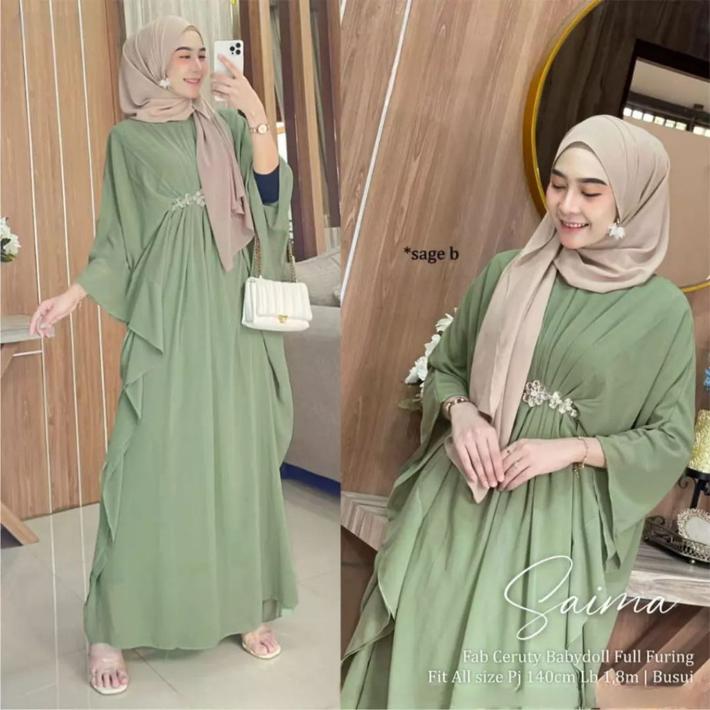 Baju Muslim Wanita/ Pakaian Wanita Saimah Kaftan Terbaru Maryam Mamanda Saleha Matt Ceruty Babydoll full furing Aplikasi Renda All Size fit M XL LD 120cm Kaftan Jumbo