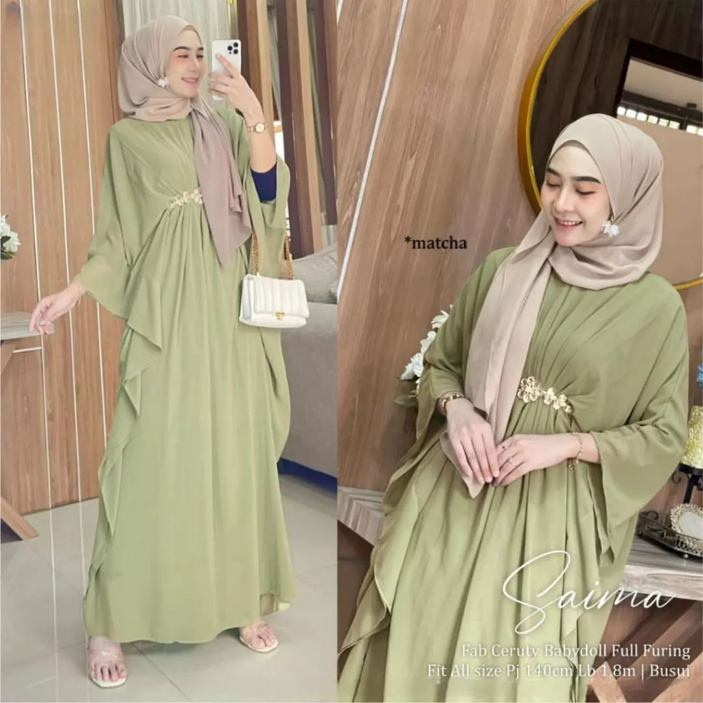 Baju Muslim Wanita/ Pakaian Wanita Saimah Kaftan Terbaru Maryam Mamanda Saleha Matt Ceruty Babydoll full furing Aplikasi Renda All Size fit M XL LD 120cm Kaftan Jumbo