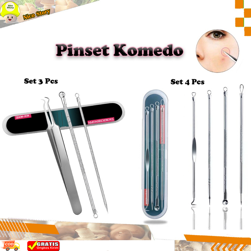 (NCS) Set Pinset Pemencet Komedo Alat Pembersih Pencabut Pengangkat Pencetan Jerawat Blackhead Remover Kit Stainless Steel Set 3 / 4 in 1 Pcs