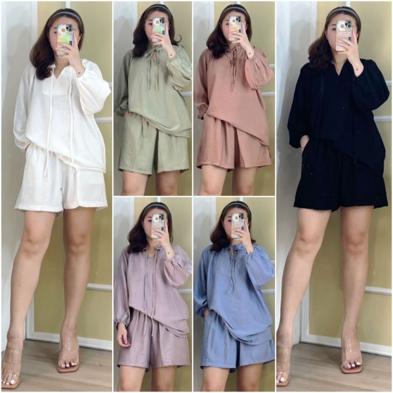 ♡ PREMIUM ♡ ORIGINAL ! CRAILLE CRINKLE 2 IN 1 SET TIED NECK LONG SLEEVE BLOUSE WITH SHORT PANTS