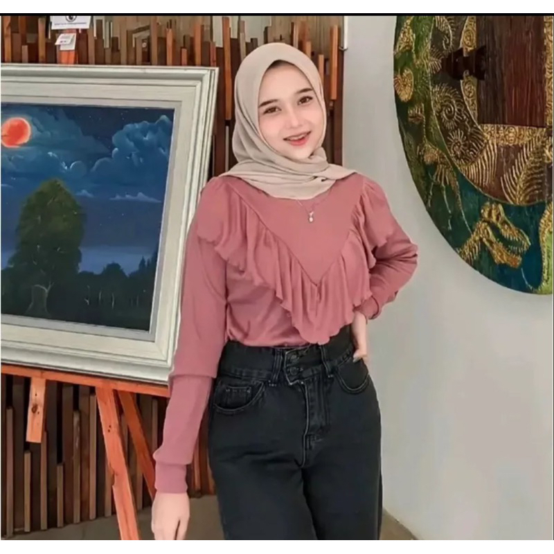 AZURA BLOUSE KNIT RIB RAJUT HALUS LAYER RUFFLE WANITA KAOS RIB GROSIR VIRAL PGMTA JAKARTA MURAH