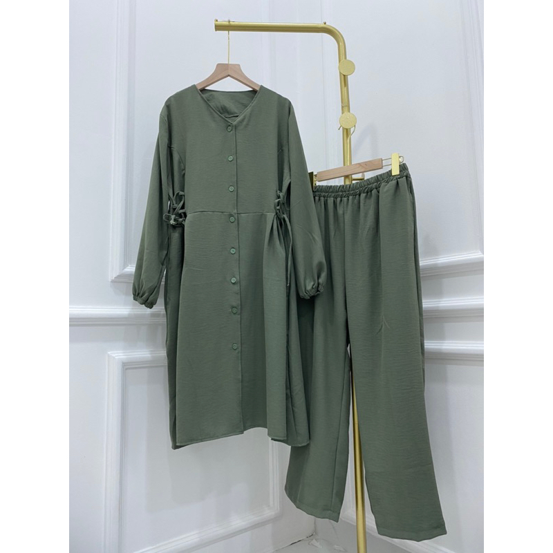 SETCEL CRINKLE LONG TUNIK DRESS FULL KANCING BUSUI FRIENDLY IKAT SAMPING LOVIA MURAH POLOS GROSIR