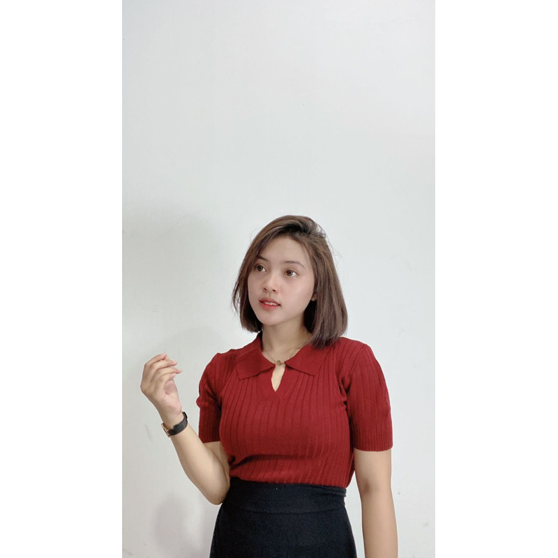 Atasan Kerah polo Rajut - Vneck Crop Top Blouse - Polo Shirt Atasan Wanita