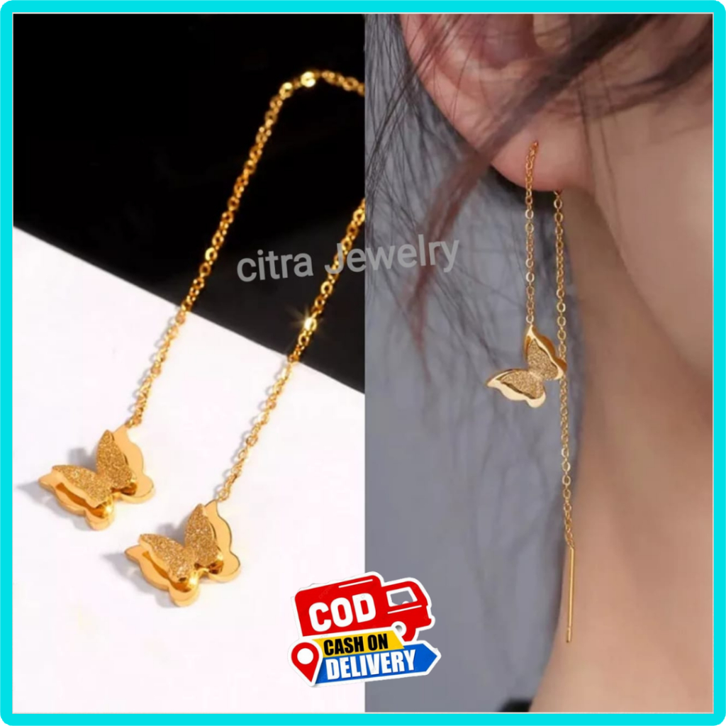 COD - Anting Titanium Kupu Kupu Gantung Panjang Anti Karat dan Anti Luntur Perhiasan Korea / Anting 
