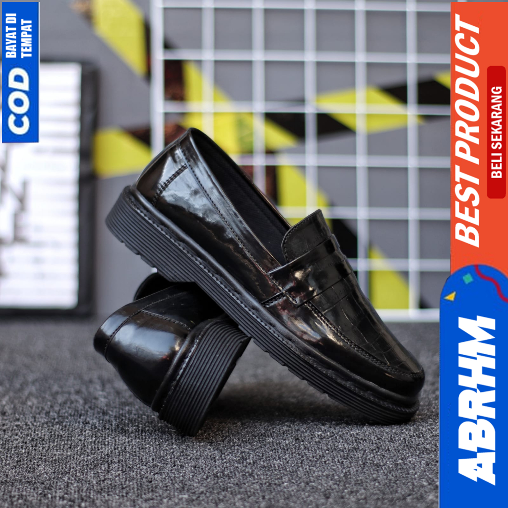 ABRHM Sepatu Loafers Docmart Formal Pantofel Kerja Hitam Pria