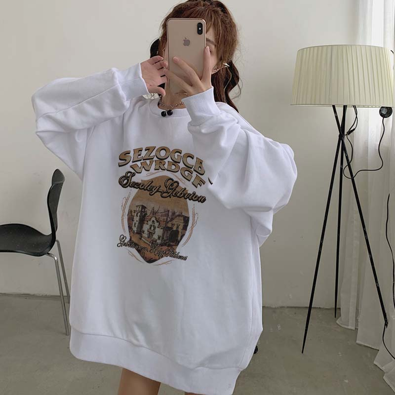 Kaos Stasan Wanita Oversize Couple Sweater American Vintage Cartoon Graphic Priting Top Kekinian Casual Sweater