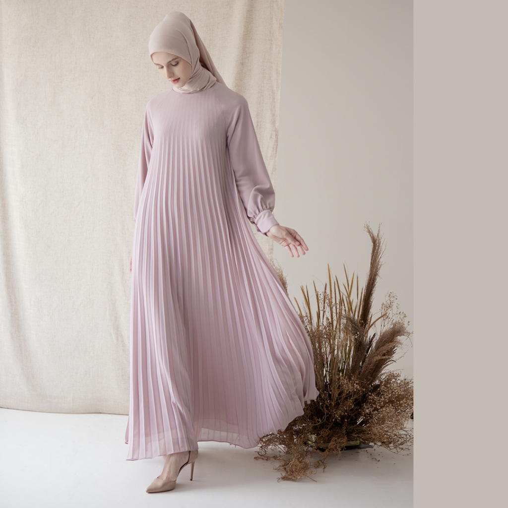 Keshvari by Aska Label - Gamis wanita plisket dress pleats cantik elegan lengan panjang dengan ikat pinggang