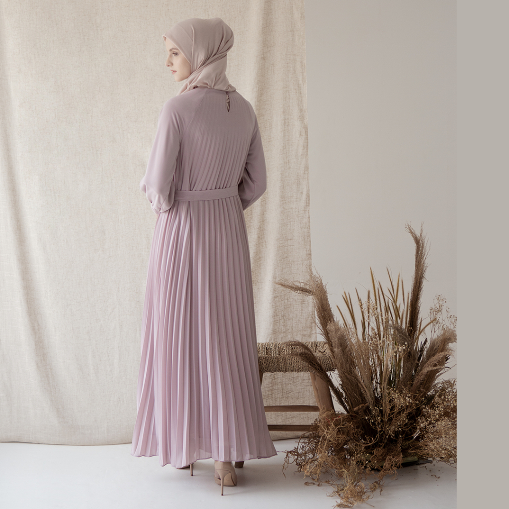 Keshvari by Aska Label - Gamis wanita plisket dress pleats cantik elegan lengan panjang dengan ikat pinggang