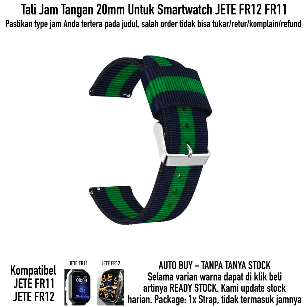 Tali Jam Tangan Smartwatch Jete FR12 FR11 - Strap 20mm Nilon Kanvas 3 Baris Warna