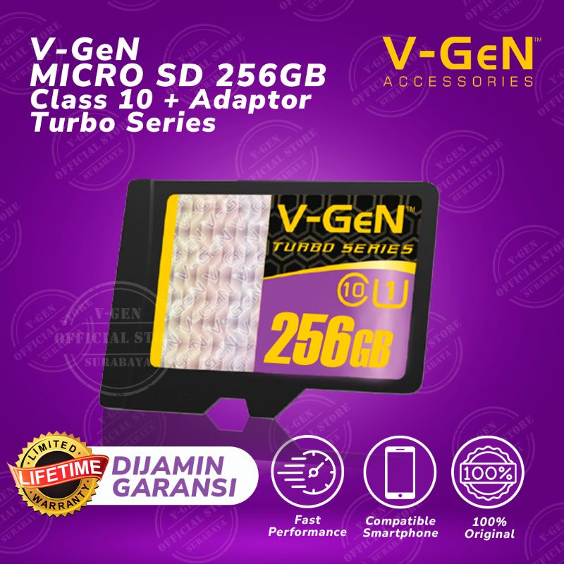 MicroSD V-GeN Turbo 256GB + Adapter Class 10 Memory Card Micro SD VGEN Garansi life time