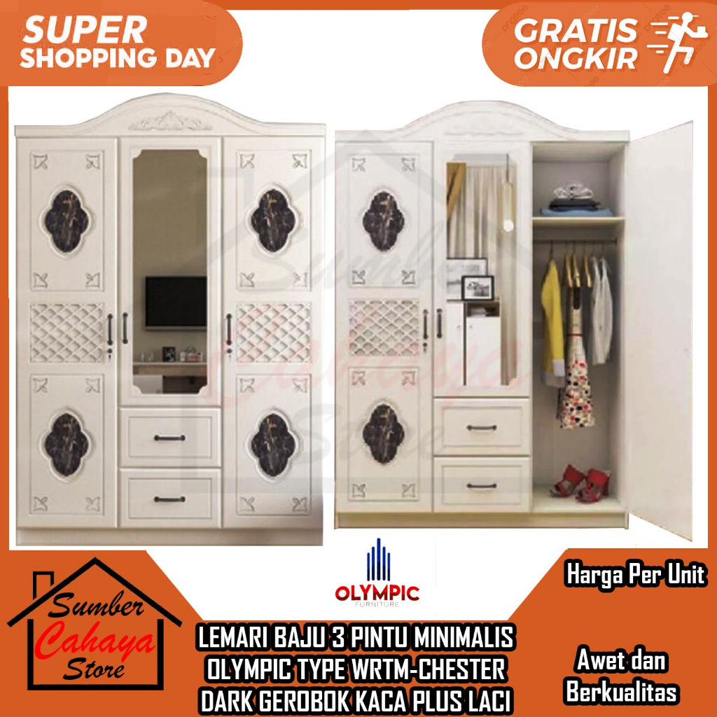 [Kargo] LEMARI BAJU 3 PINTU MINIMALIS OLYMPIC TYPE WRTM-CHESTER DARK GEROBOK KACA PLUS LACI LUAR ALM