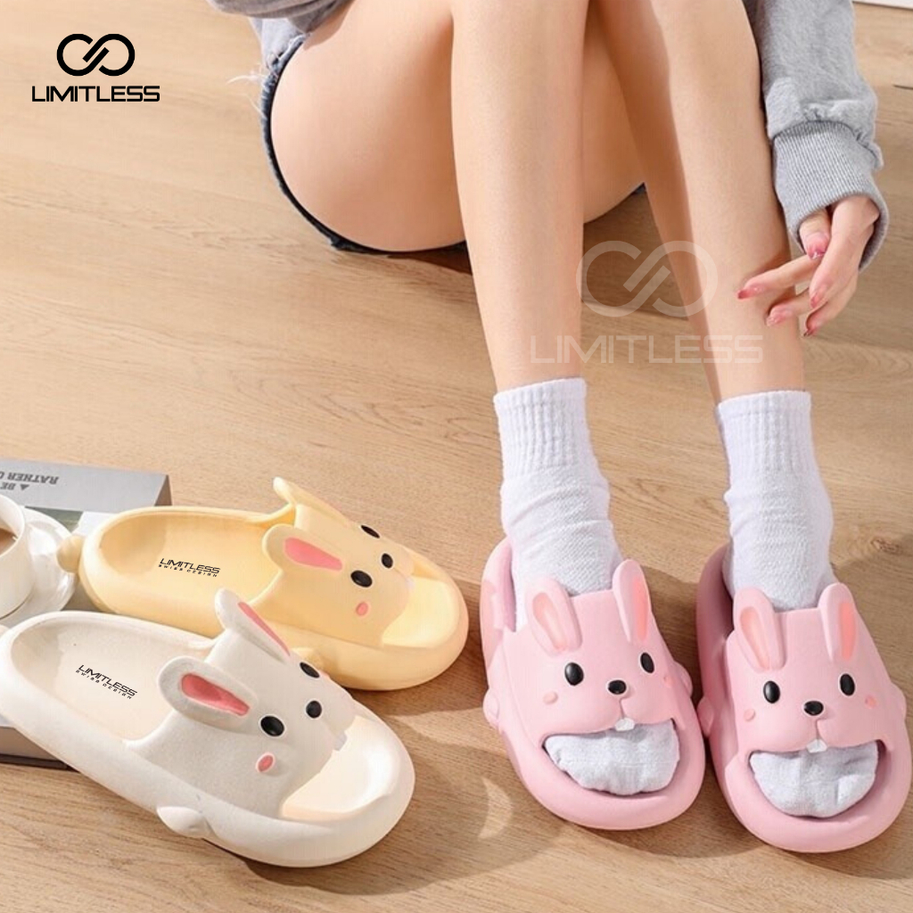 Sandal Slop Rabbit Cewek Korean Style Terbaru 2023 Sendal Kelinci Dewas Wanita Casual Empuk Kekinian