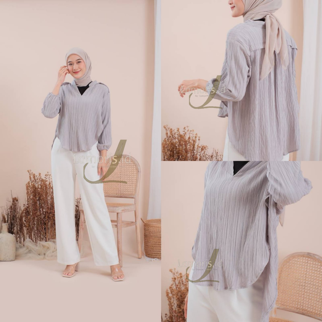 Lifia Blues Terbaru Outer Wanita Basic Atasan Kemeja Polos Bahan Crinkle Ladycrush