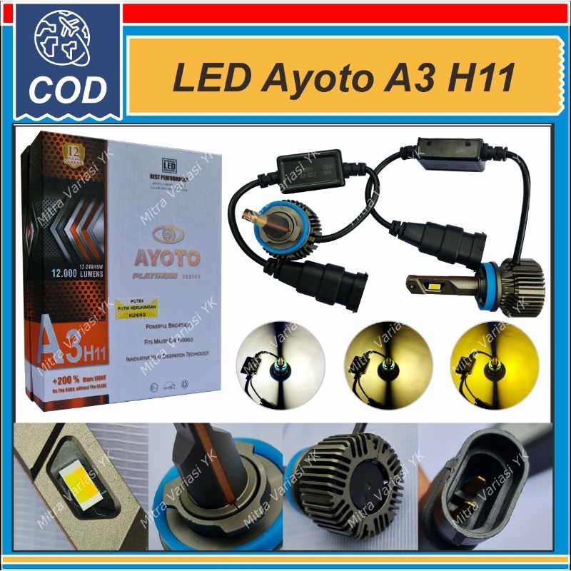 LAMPU KABUT FOGLAMP AYOTO A3 H11 3 WARNA PUTIH KUNING SINAR SUPER TERANG AWET HEMAT DAYA TEMBUS KABU