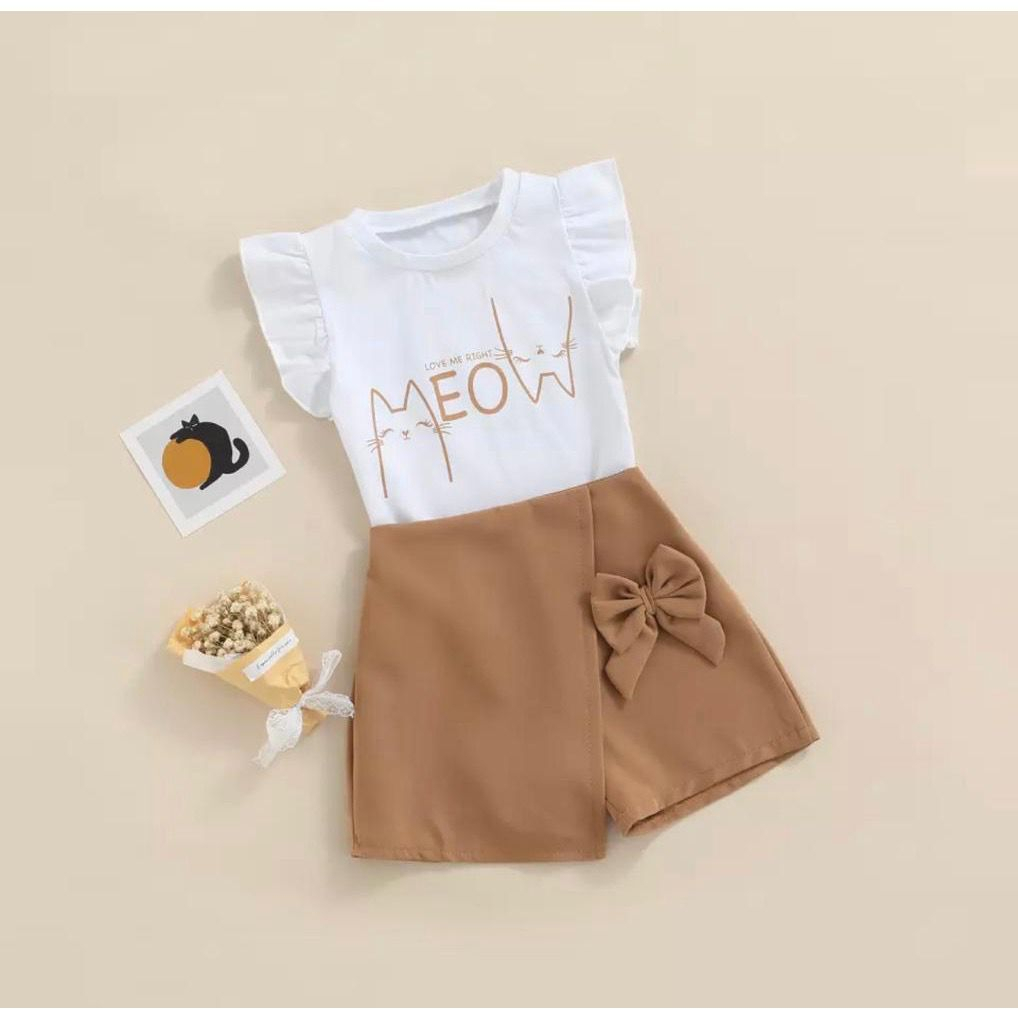 setelan baju atasan anak bayi perempuan dan celana pendek anak lucu 1-5 tahun motif meow terbaru dan termurah/outfid anak cewe kekinian