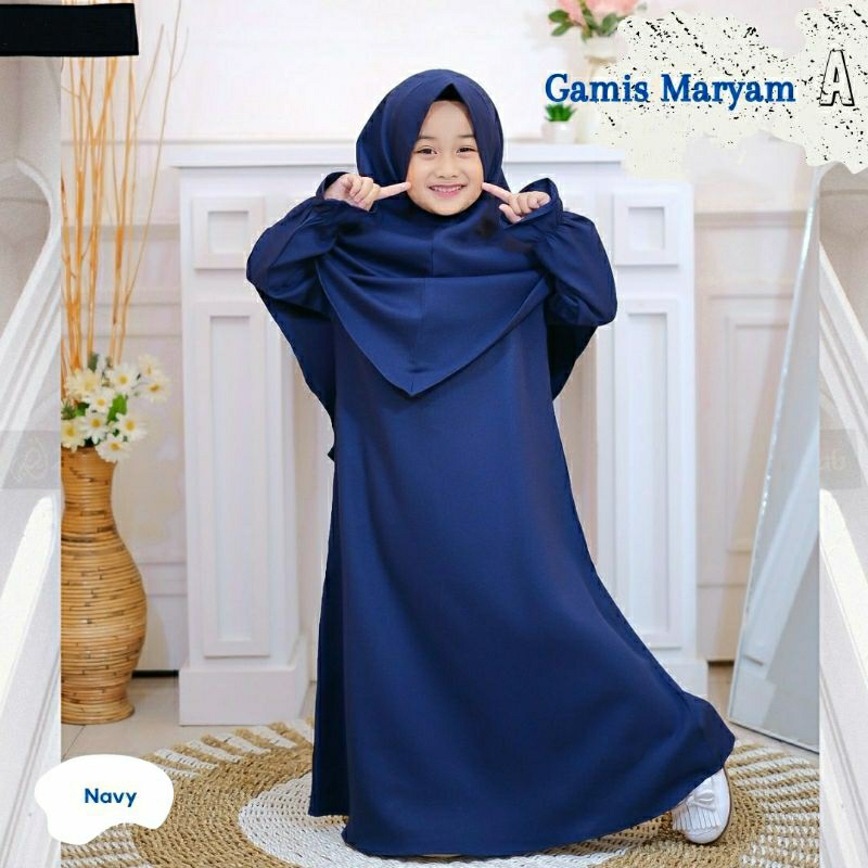 Gamis Anak Perempuan Set Hijab  Navy Polos