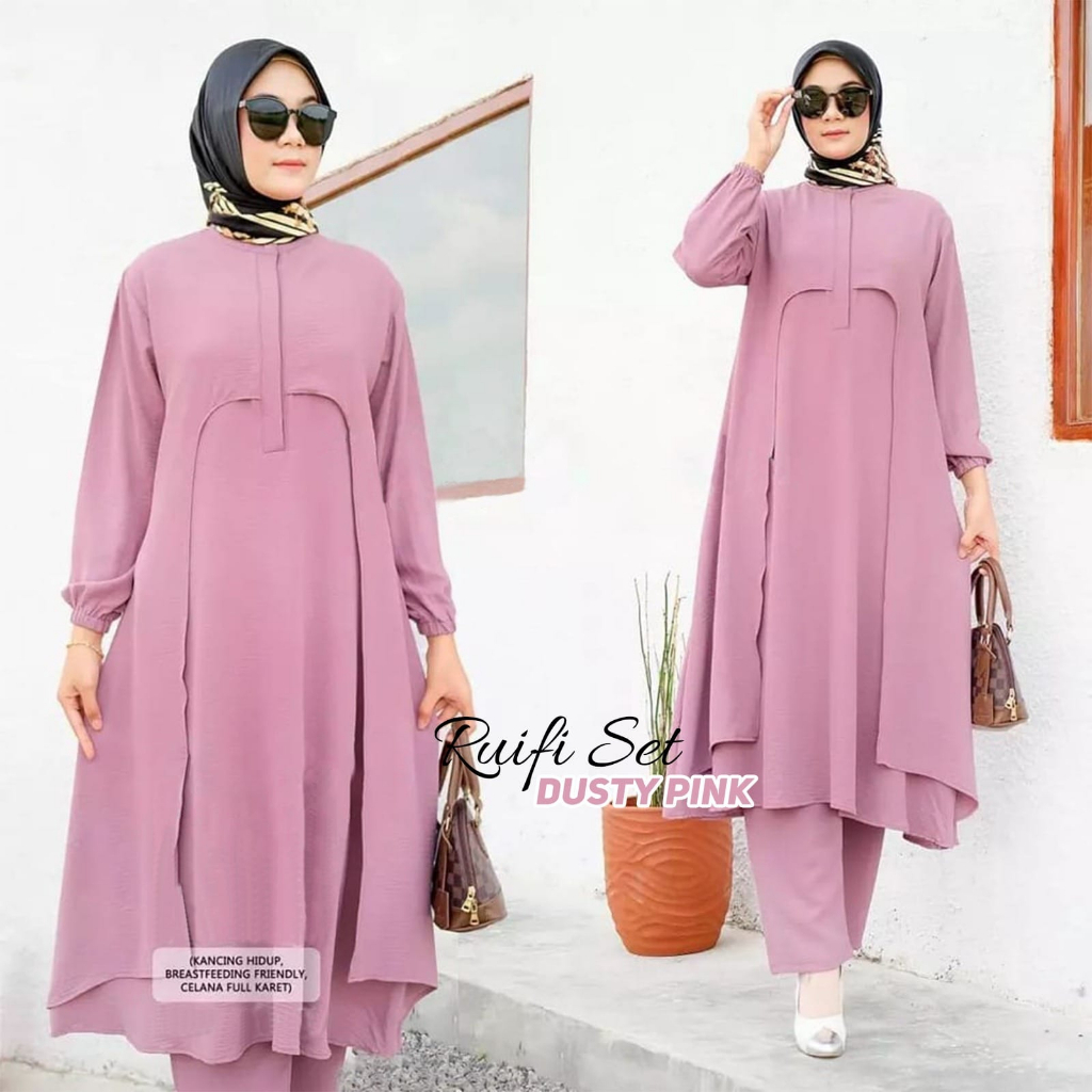 Ruifi Set Baju Setelan Wanita Jumbo Bahan Crinkle Air Flow / One Set Wanita Terbaru