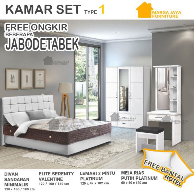 Kamar Set Springbed Elite Serenity Valentine + Divan Sandaran + Lemari 3 Pintu + Meja Rias Minimalis