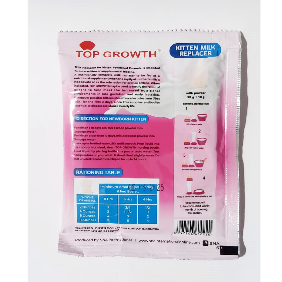 SUSU ANAK KUCING &amp; KUCING DEWASA TOP GROWTH 1 SACHET 30 GR