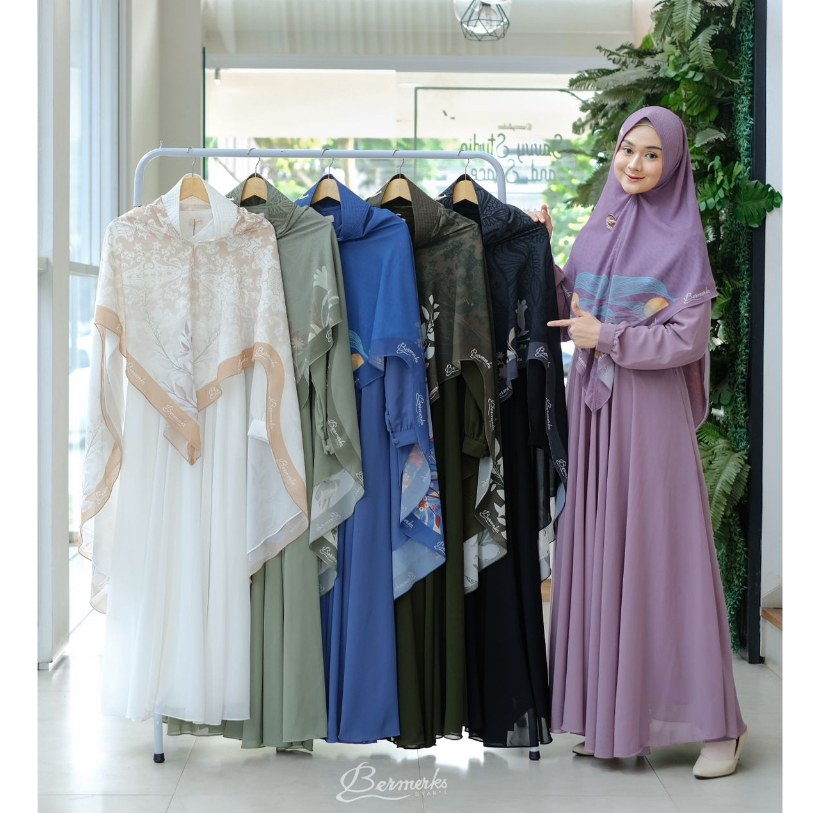 Gamis Ceruty babydoll set kerudung motif ori bermerks Fairuz Mecca salwa Miranda Putihan Hitaman style syari model terbaru ootd baju set wanita kekinian