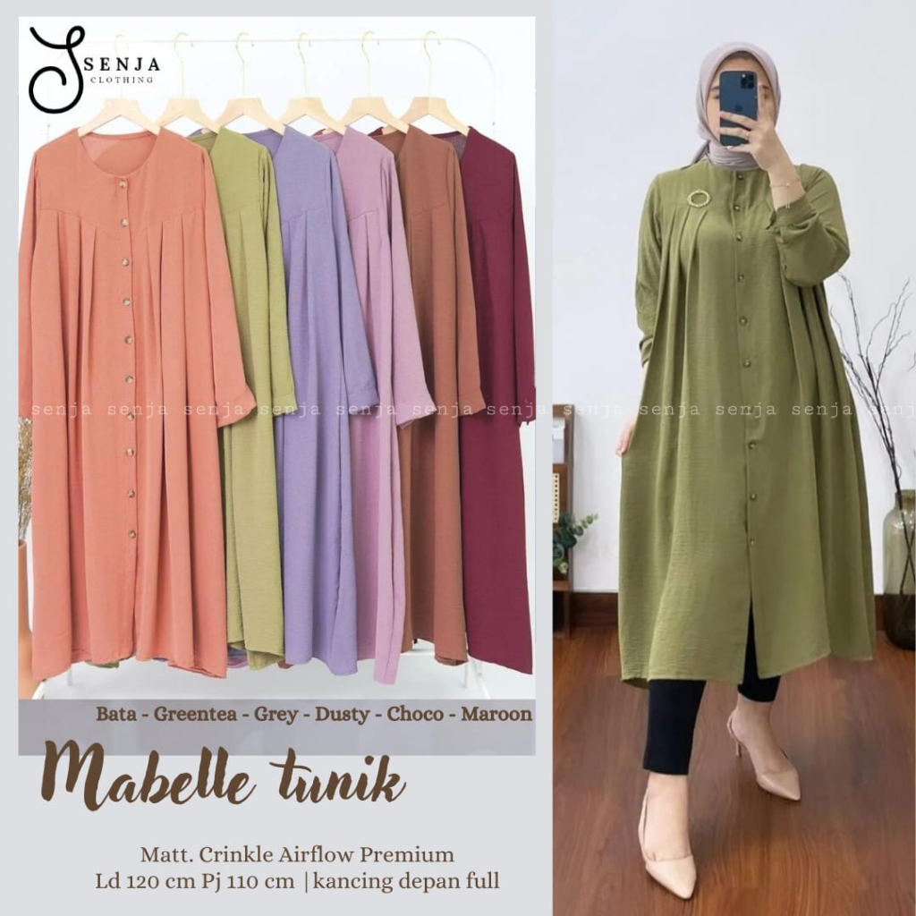 MABELLE tunik | ld 120 | Premium Crincle Airflow | by SENJA | full kancing depan atasan muslim polos