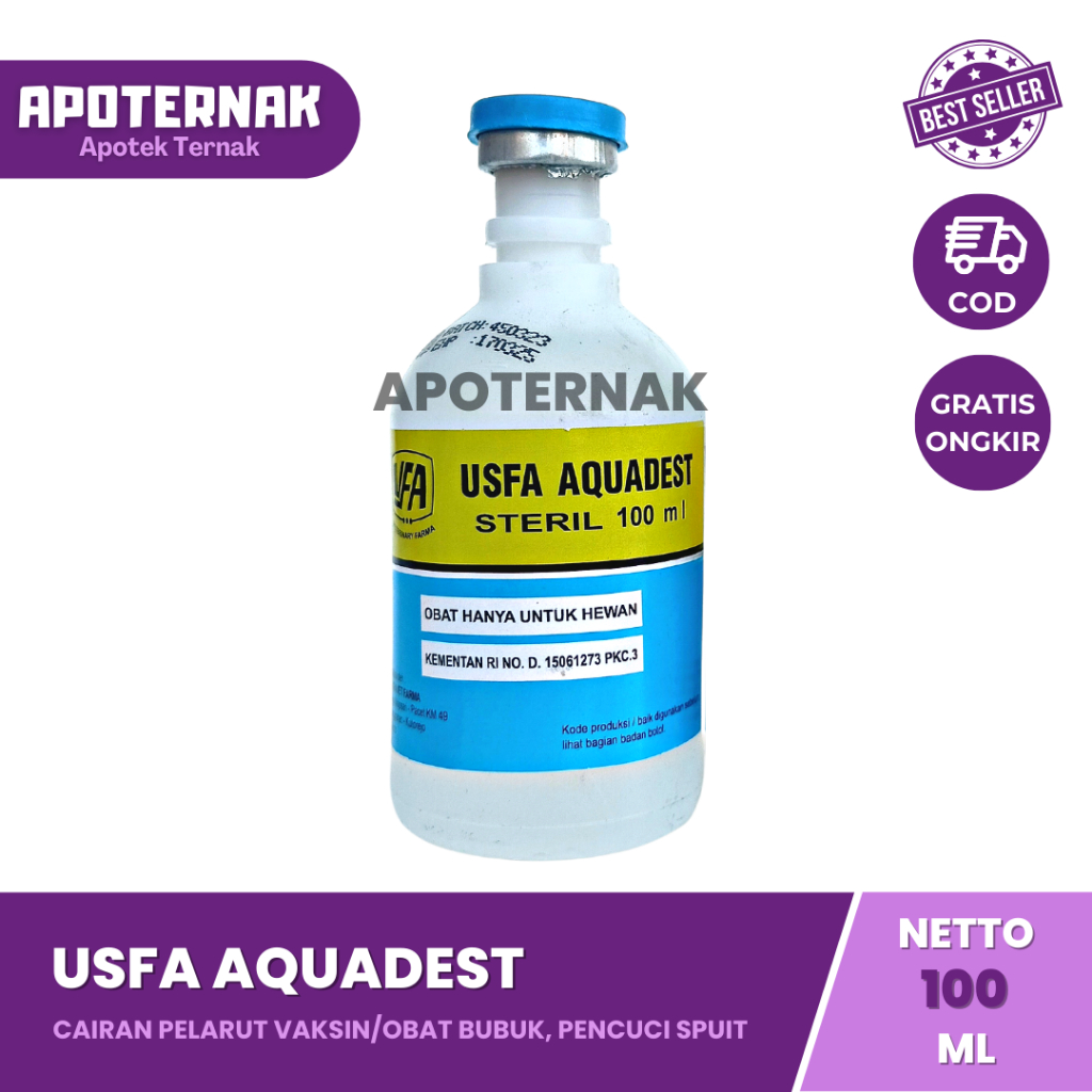 USFA AQUADEST 100 ml | Aquades Air Streril | Cairan Pelarut Vaksin atau Obat Bubuk | Cairan Pencuci Spuit