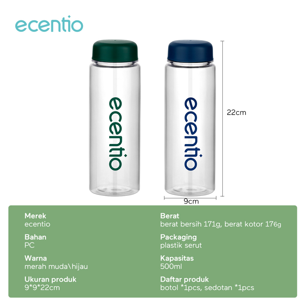 ecentio Botol Minum Aesthetic 500ML Water Bottle Botol Bening Estetik Botol Minuman Plastik Berkualitas