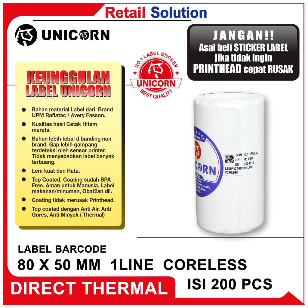 Label Stiker Thermal 80x50 mm / 80 x 50 mm / 80x50mm 200pcs Coreless