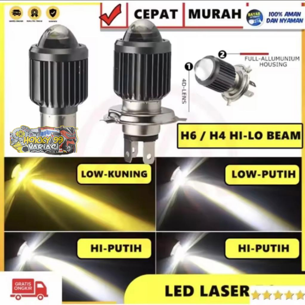 Paket Promo 2Pcs  Lampu LED Utama Depan 12 Volt H4 Laser High Low 2 Warna Putih Kuning  Bisa Untuk Motor dan Mobil