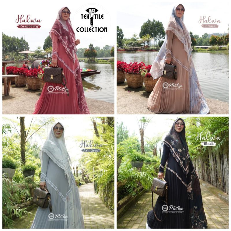 Set Gamis Dress Ceruty Babydoll Printing Premium Syari Branded Merah Maroon - Pink - Abu - Coklat Su