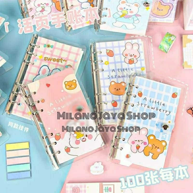 

Cute Notebook Buku Binder Ring Besi A6 FREE 100 lbr KERTAS Kawaii Bear Rabbit Strawberry Cover PVC Waterproof Book Buku Catatan Diary Anak Sekolah Kado Ulang Tahun