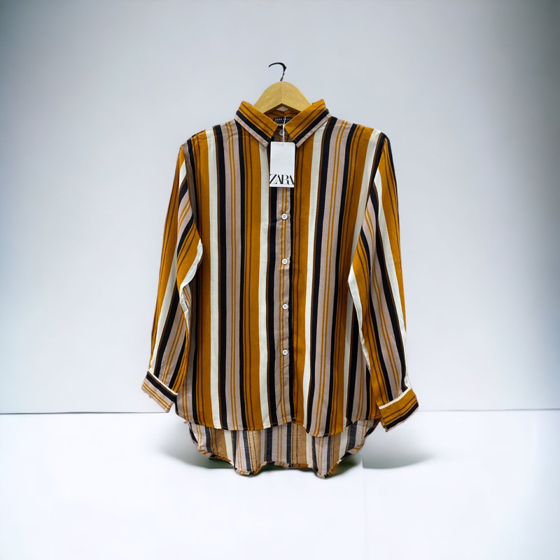 Kemeja Salur Wanita Tunik Blouse Oversize Jumbo Size Pakaian Stripe Shirt