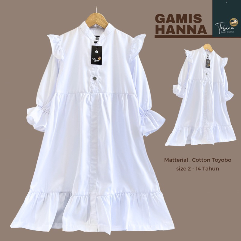 Gamis Putih Anak Perempuan Bahan Katun Toyobo Tabina Seri Hanna usia 2 hingga 16 tahun max BB 50 kg