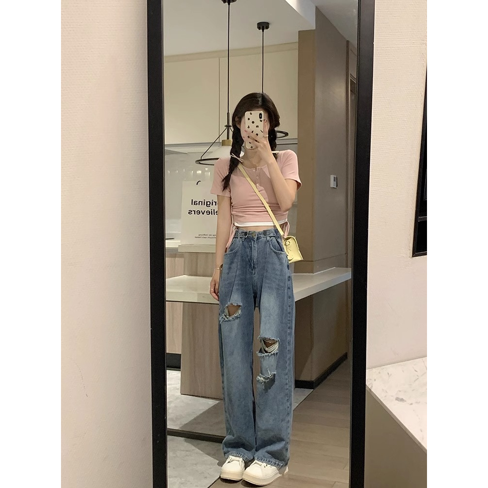 Biru Retro Highwaist Robek Celana Jeans Wanita Loose