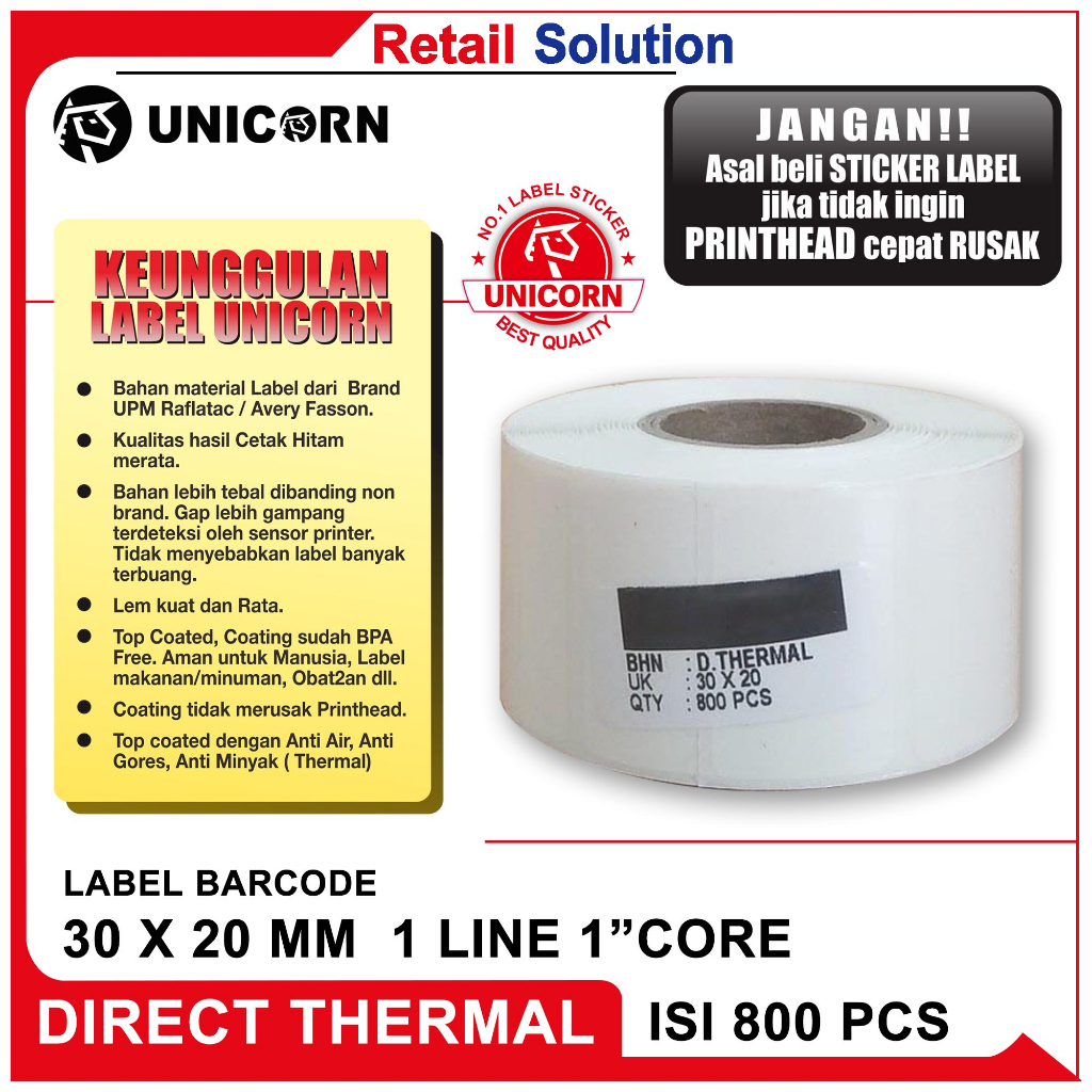 

Unicorn Stiker Label Barcode Thermal 30x20 mm / 30 x 20 mm / 30x20mm / 3X2CM / 3 X 2 CM